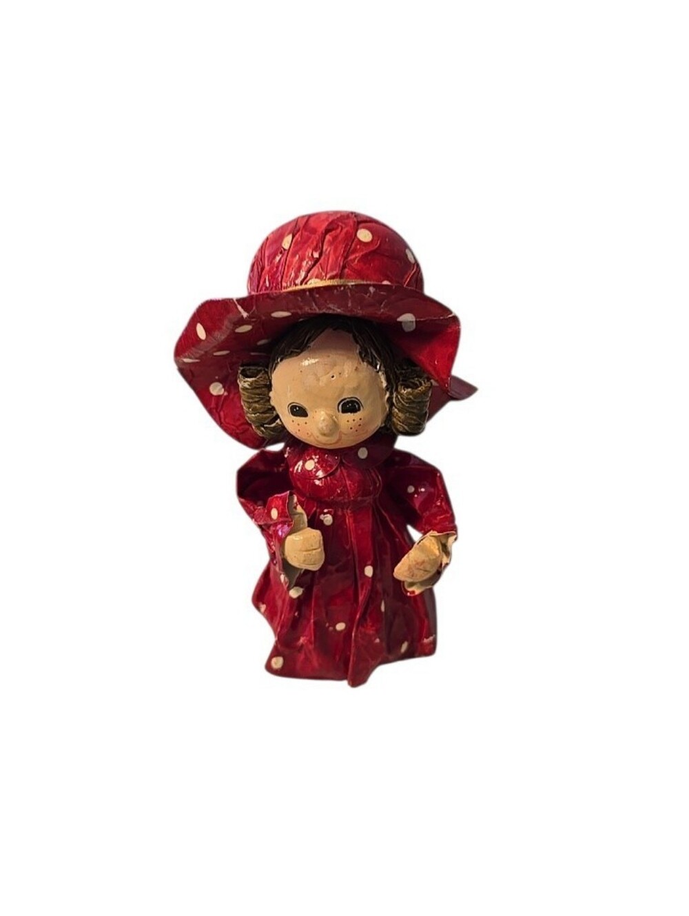 Vintage Paper Mache Girl with Polka Dot Red Dress Table Topper Handmade 6.5"